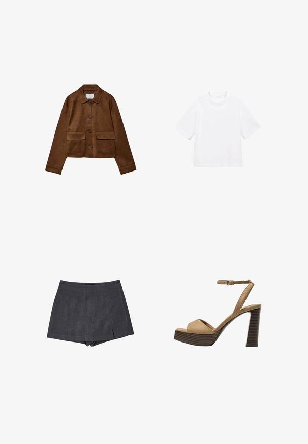 Braune Wildlederjacke mit Kragen, vorderem Knopfverschluss und zwei Brusttaschen. Verfügt über lange Ärmel und einen verkürzten Schnitt.; Weißes Baumwoll-T-Shirt mit kurzen Ärmeln und rundem Ausschnitt. Einfaches Design, lockere Passform, glatte Textur. Keine Muster oder Verzierungen sichtbar.; Dunkelgraue Shorts mit einem Streifenmuster, ausgestattet mit einem seitlichen Reißverschluss und einem leicht ausgestellten Saum mit kleinen Schlitzen.; Beige Wildleder-Pumps mit hohem Absatz, breitem Vorderband und Knöchelriemen, ausgestattet mit einem klobigen Holzblockabsatz mit strukturiertem Finish.