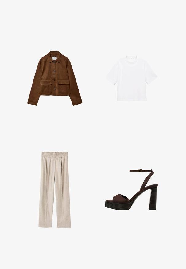 Smeđa suđena jakna s dizajnom na ovratniku, prednjim zatvaranjem na gumbe i dva džepa na grudima. Ima duge rukave i skraćenu dužinu.; Bijela pamučna majica kratkih rukava s okruglim izrezom. Jednostavan dizajn, slobodan kroj, glatka tekstura. Nema vidljivih uzoraka ili akcenta.; Svijetlosmeđe hlače širokih nogavica izrađene od teksturirane tkanine sa suptilnim vertikalnim prugama, s elastičnim pojasom za udobnost.; Smeđe zamšaste sandale s visokim potpeticama, otvorenim prstima, podesivom trakicom oko gležnja i prugastom platformom.