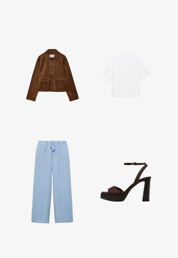 Hnedá semišová bunda s golierom, predným zapínaním na gombíky a dvoma vreckami na prsiach. Má dlhé rukávy a skrátenú dĺžku.; Biely bavlnený tričko s krátkym rukávom a okrúhlym výstrihom. Jednoduchý dizajn, voľný strih, hladká textúra. Žiadne vzory ani akcenty nie sú viditeľné.; Mango Nohavice - light blue; Hnedé semišové sandále na vysokom podpätku s otvorenou špičkou, nastaviteľným členkovým remienkom a pruhovanou platformovou podrážkou.