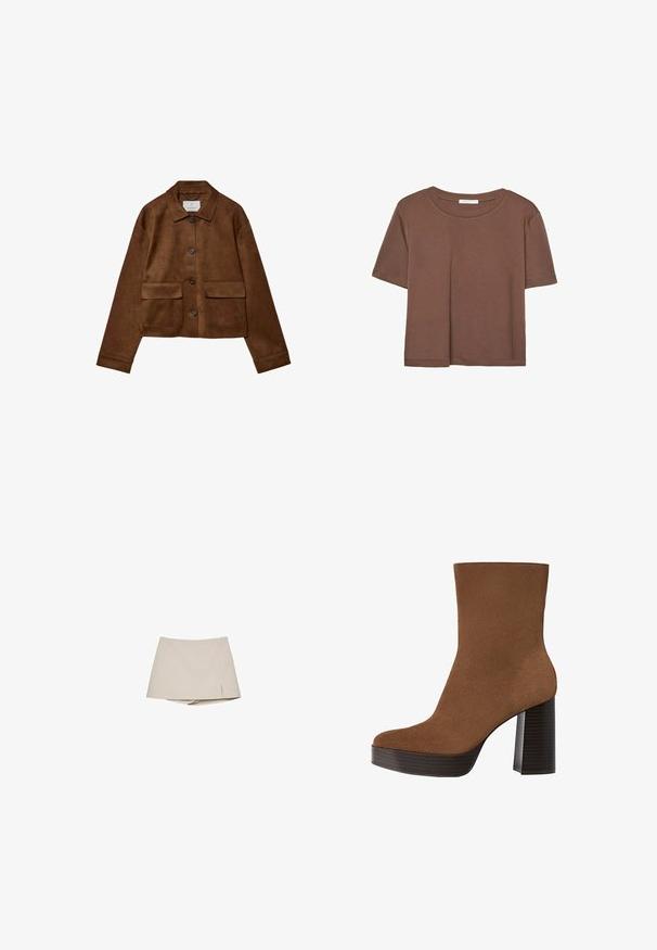 Brun ruskindsjakke med kravedesign, frontknaplukning og to brystlommer. Har lange ærmer og en cropped længde.; Brun kortærmet t-shirt lavet af blødt stof, med rund halsudskæring og afslappet pasform. Ingen synlige mønstre eller detaljer.; Beige kvinders skorts med en let frontslids og tilknyttede shorts nedenunder, vist på en hvid baggrund.; Brune ruskind ankelstøvle med en rund tå, kraftig sort stribet hæl og en glat overflade. Den har et tætsiddende design uden synligt hardware.