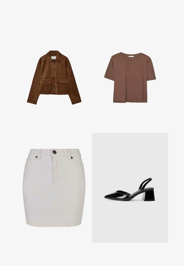 Ruskea nubukkitakki, jossa on kauluksellinen muotoilu, edessä nappisuljenta ja kaksi rinta-taskua. Takissa on pitkät hihat ja se on lyhyt.; Kahvinsävyinen lyhythihainen t-paita, joka on valmistettu pehmeästä kankaasta. Pyöreä pääntie ja rento malli. Ei näkyviä kuvioita tai koristeita.; Valkoinen denimi-hame, jossa on vartalonmyötäinen muotoilu, nappisuljenta, vyölenkit ja klassinen viisi-taskumalli. Sileä pinta ja polvenpituinen.; Mustat patentoitu nahkakengät, joissa on säären takaosa ja terävä kärki, sekä geometrinen palikkakorko. Sisältää tyylikkään, minimalistisen muotoilun ja sileän pinnan.