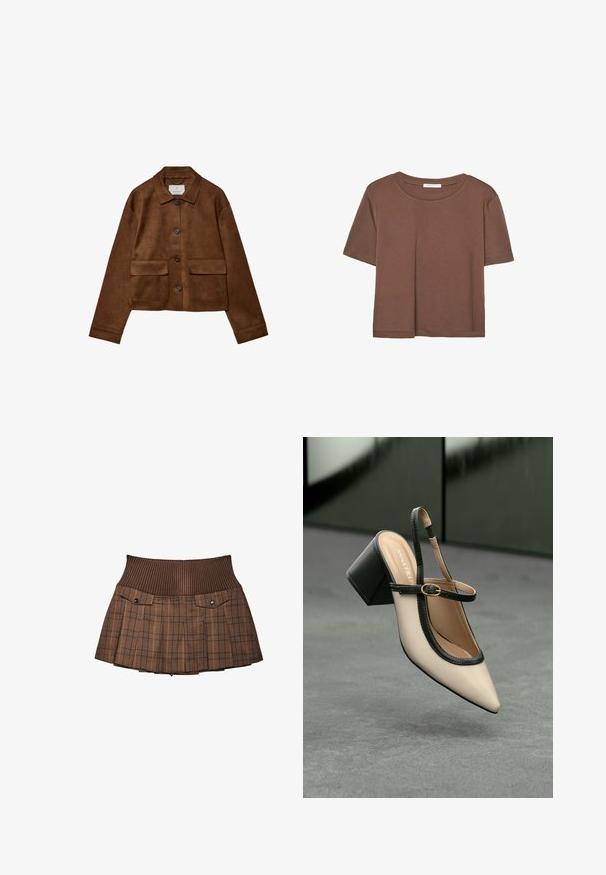 Smeđa suđena jakna s dizajnom na ovratniku, prednjim zatvaranjem na gumbe i dva džepa na grudima. Ima duge rukave i skraćenu dužinu.; Smeđi kratki rukav majica od mekog materijala, s okruglim izrezom i opuštenim krojem. Nema vidljivih uzoraka ili naglasaka.; Smeđi karirani suknja s rebrastim pojasom, ima dva prednja džepa s dugmadima na preklop, naborani dizajn i kroj s tačno izrađenim završetkom.; Bež cipele s otvorenom petom i šiljastim vrhom, crnim obrubom, zlatnom kopčom i debelim blok-petom na sivom podu s tamnozelenom pozadinom.