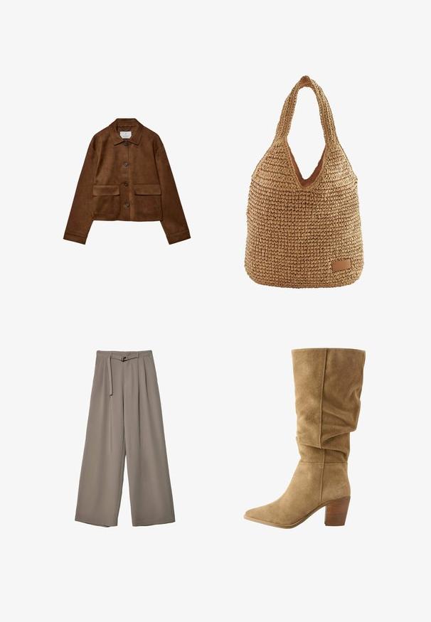 Giacca in suede marrone con design a colletto, chiusura frontale con bottoni e due tasche sul petto. Presenta maniche lunghe e un lunghezza corta.; Maglietta a maniche corte marrone realizzata in tessuto morbido, con scollatura rotonda e vestibilità rilassata. Nessun motivo o dettaglio visibile.; Pantaloni a gamba larga in un morbido tessuto grigio tenue, con vita con cintura e pieghe per un tocco di design aggiuntivo. Texture liscia, senza motivi.; Stivale marrone in suède alto fino al ginocchio con un design arricciato, punta appuntita e tacco in legno impilato. Texture morbida con cuciture visibili.; Borsa in paglia intrecciata dalla forma morbida, colore beige, apertura a forma di V e un'etichetta in pelle nella parte inferiore. Texture morbida.