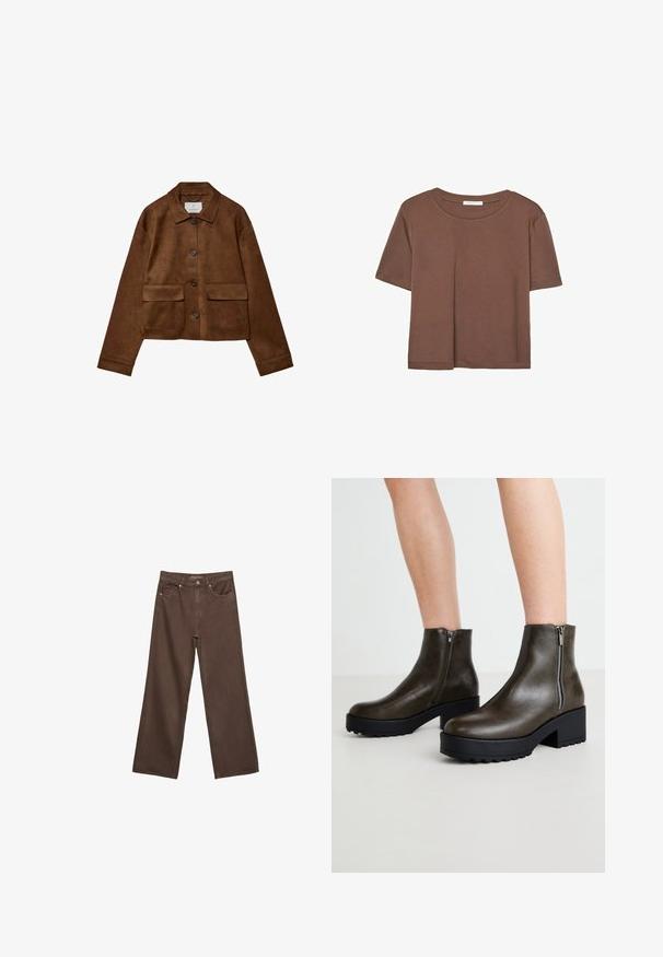 Ruskea nubukkitakki, jossa on kauluksellinen muotoilu, edessä nappisuljenta ja kaksi rinta-taskua. Takissa on pitkät hihat ja se on lyhyt.; Kahvinsävyinen lyhythihainen t-paita, joka on valmistettu pehmeästä kankaasta. Pyöreä pääntie ja rento malli. Ei näkyviä kuvioita tai koristeita.; Leviittävät ruskeat farkut, jotka on valmistettu denimistä, korkea vyötärö, etutaskut ja klassinen nappikiinnitys. Silkkinen pinta hienovaraisella ompelutyöllä.; Vihreät nahka nilkkurit, joissa on korkea tuki, sivu vetoketju ja teksturoitu kumipohja pitävyyden takaamiseksi. Sujuva viimeistely ja tyylikäs muotoilu.