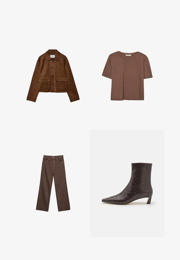 Giacca in suede marrone con design a colletto, chiusura frontale con bottoni e due tasche sul petto. Presenta maniche lunghe e un lunghezza corta.; Maglietta a maniche corte marrone realizzata in tessuto morbido, con scollatura rotonda e vestibilità rilassata. Nessun motivo o dettaglio visibile.; Jeans a gamba larga marroni in denim, con vita alta, tasche anteriori e chiusura a bottone classica. Tessuto liscio con cuciture sottili.; MICHAEL Michael Kors COSMO KITTEN BOOTIE - Stivaletti - chocolate