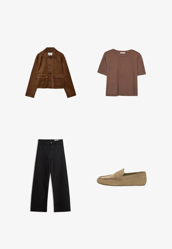 Bruine suède jas met een kraagontwerp, sluiting met knopen aan de voorkant en twee borstzakken. Heeft lange mouwen en een cropped lengte.; Korte mouwen T-shirt in bruin, gemaakt van een zachte stof, met een ronde halslijn en een relaxte pasvorm. Geen zichtbare patronen of accenten.; Zwarte denim broek met wijde pijpen en een hoge taille, voorzien van voor- en achterzakken, gestikte naden en een knoopsluiting. Gladde textuur.; Lichtbruine suède herenloafer met gestikt moc-toe en pennystrap, vlakke rubberen zool, zijaanzicht op een witte achtergrond.