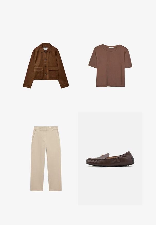 Braune Wildlederjacke mit Kragen, vorderem Knopfverschluss und zwei Brusttaschen. Verfügt über lange Ärmel und einen verkürzten Schnitt.; Braunes, kurzärmliges T-Shirt aus weichem Material mit rundem Halsausschnitt und lockerer Passform. Keine sichtbaren Muster oder Akzente.; Beige Chinos aus Baumwoll-Twill mit geradem Bein, zwei vorderen Taschen und einem Reißverschluss. Glatte Textur mit minimaler Detailierung.; COACH RONNIE LOAFER - Mokassin - maple