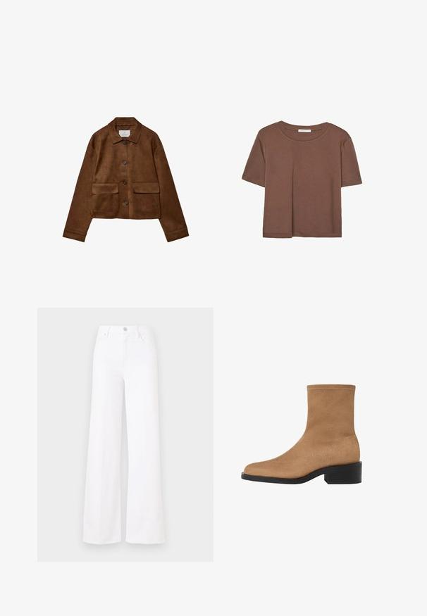 Hnedá semišová bunda s golierom, predným zapínaním na gombíky a dvoma vreckami na prsiach. Má dlhé rukávy a skrátenú dĺžku.; Hnedé tričko s krátkym rukávom vyrobené z jemného materiálu, s okrúhlym výstrihom a voľným strihom. Žiadne viditeľné vzory ani akcenty.; Biele džínsové nohavice so širokými nohami, s vysokým pásom, predným zapínaním na gombík a štyrmi vreckami. Hladká textura bez viditeľných vzorov.; Béžové semišové členkové topánky so štvorcovou špičkou, nízkym blokovým podpätkom a bezšvovým dizajnom. Obsahujú jemné švy pozdĺž okrajov.