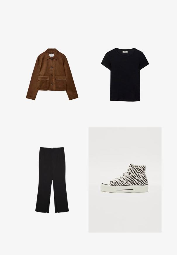 Hnedá semišová bunda s golierom, predným zapínaním na gombíky a dvoma vreckami na prsiach. Má dlhé rukávy a skrátenú dĺžku.; Čierne tričko s krátkym rukávom vyrobené z jemného materiálu. Má klasický okrúhly výstrih a voľný strih. Bez vzorov alebo akcentov.; Čierne nohavice so strihom rovného strihu, s prednými vreckami a bočnými rozparkami na leme. Vyrobené z mäkkej, hladkej tkaniny. Vhodné na rôzne príležitosti.; Biele platené tenisky s vysokým strihom a čiernym zebrovým vzorom, s bielymi šnúrkami a hrubou gumovou podrážkou s čiernym pruhom.