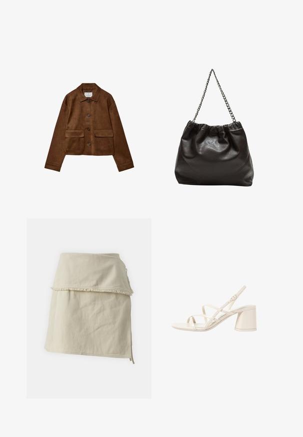 Rjava nubuk jakna s ovratnikom, sprednjim gumbom in dvema žepoma na prsih. Ima dolge rokave in skrajšano dolžino.; Svetlo bež kratkosleeven majica s okroglim ovratnikom, izdelana iz mehke, gladke tkanine. Ima sproščen kroj in raven rob.; Bežna zavita krila iz bombaža, ki se ponaša s plastno zasnovo, raztrgano obrobje in stranskima vezaloma za prilagodljivo prileganje. Gladka tekstura po celi površini.; Bež sandali na peto s tankimi, križnimi trakovi, odprtimi prsti in kvadratno blok peto. Gladek patentiran zaključek, nastavljiv trak okoli gležnja.; Rjava usnjena torba z nabranim vrhom in verižnim trakom. Gladka tekstura z sijajno površino in subtilnimi šivi na straneh.