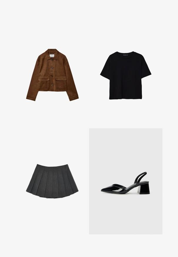 Rjava nubuk jakna s ovratnikom, sprednjim gumbom in dvema žepoma na prsih. Ima dolge rokave in skrajšano dolžino.; Črna kratkotrajna majica brez rokavov iz bombaža. Ima okroglo ovratnico in sproščen kroj z gladko, enostavno teksturo. Brez vidnih vzorcev ali dodatkov.; Plisirana krila v temno sivi barvi, izdelana iz teksturirane tkanine. Ima razširjeno silhueto z enakomerno razporejenimi plisiranji in ravnim pasom.; Črne lakirane slingback pete s koničastim nosom in geometrijsko blokasto peto. Imajo eleganten, minimalističen dizajn in gladko teksturo.