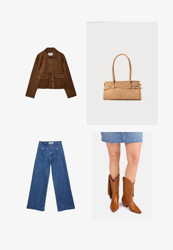 Hnědá sukně s límečkem, předním zapínáním na knoflíky a dvěma náprsními kapsami. Vlastnosti zahrnují dlouhé rukávy a zkrácenou délku.; Bílá tričko s krátkým rukávem a kulatým výstřihem, vyrobené z jemné bavlny, s jednoduchým a čistým designem bez viditelných vzorů nebo akcentů.; Džínové kalhoty širokého střihu s středně modrým omakem, dvěma předními kapsami se zapínáním na knoflíky a prošíváním podél lemů.; Hnědé kožené kovbojské boty s špičatými špičkami, dekorativním prošíváním a postranními třásněmi, vybavené stohovaným podpatkem pro zvýšení výšky.; Hnědá semišová kabelka s dvěma dlouhými uchy, obdélníkovým tvarem a ozdobným šitím. Obsahuje boční popruh a decentní zlaté kovové akcenty.