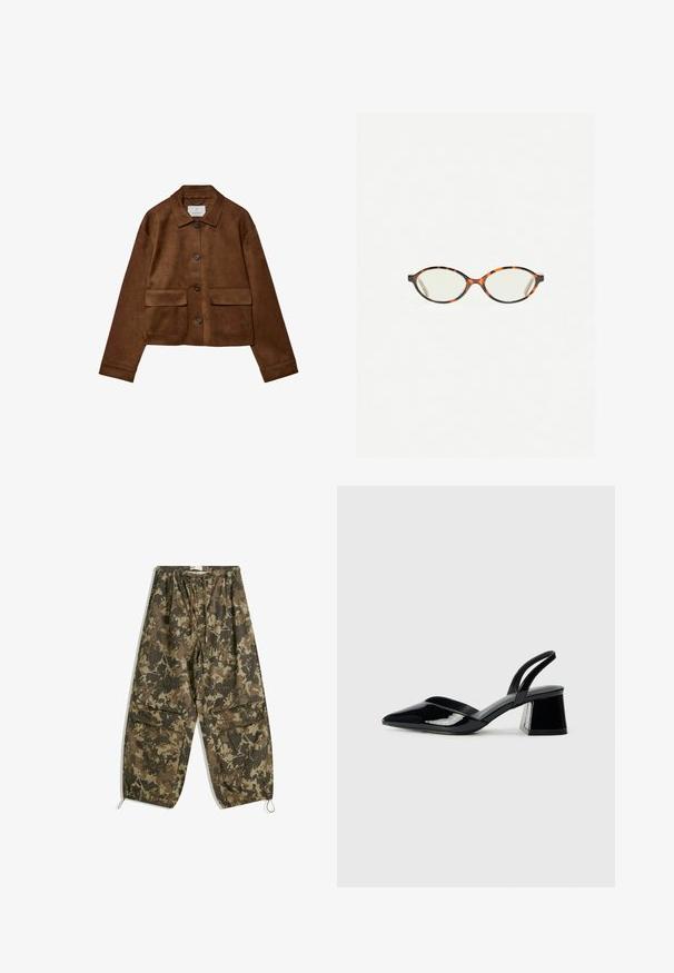 Rjava nubuk jakna s ovratnikom, sprednjim gumbom in dvema žepoma na prsih. Ima dolge rokave in skrajšano dolžino.; Rjava brezrokavna majica s kvadratnim izrezom, narejena iz mehkega, elastičnega materiala. Ima oprijet kroj in ravne šive.; Hlače z vojaškim vzorcem, lahke, v odtenkih rjave in zelene. Imajo elastičen pas, vrvico in zategnjene gležnje.; Črne lakirane slingback pete s koničastim nosom in geometrijsko blokasto peto. Imajo eleganten, minimalističen dizajn in gladko teksturo.; Kornjačaste očala z ovalnimi lečami in gladko, sijočo površino. Imajo tanke stranice z rahlim ovinkom na templjih. Prosojne leče.