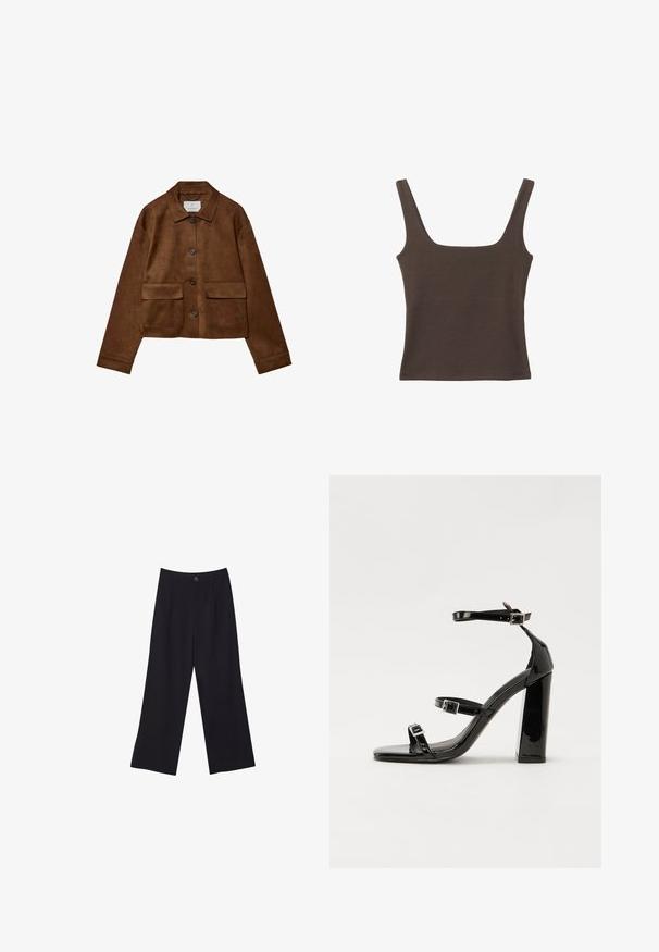 Braune Wildlederjacke mit Kragen, vorderem Knopfverschluss und zwei Brusttaschen. Verfügt über lange Ärmel und einen verkürzten Schnitt.; Braunes ärmelloses Oberteil mit quadratischem Ausschnitt, aus weichem, dehnbarem Stoff gefertigt. Verfügt über ein figurbetontes Design und flache Nähte.; Schwarze weit geschnittene Hose mit hoher Taille, vorderen Falten und einem einzelnen Knopfverschluss, gefertigt aus einem glatten Stoff.; Schwarze patentierte Sandalen mit Absatz, quadratischer Spitze, Knöchelriemen und silbernen Schnallen. Mit einem stabilen Blockabsatz für mehr Stabilität.