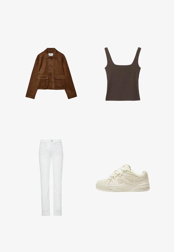 Brązowa skórzana kurtka z kołnierzykiem, z przodu zapinana na guziki i z dwiema kieszeniami na piersi. Posiada długie rękawy i krótki krój.; Brązowa bezrękawnikowa bluzka o kwadratowym dekolcie, wykonana z miękkiego, elastycznego materiału. Posiada dopasowany krój i płaskie szwy.; Białe, zwężane dżinsy o gładkiej fakturze, z pięcioma kieszeniami i metalowym guzikiem przy pasku. Lekko rozciągliwy materiał.; Beżowe trampki z teksturowaną cholewką, wyraźnymi sznurowadłami, siateczkowymi panelami i grubą podeszwą. Krzywy design z wyściółką w okolicy kostki dla komfortu.