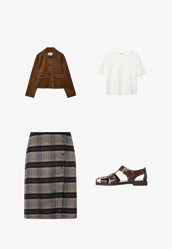 Hnědá sukně s límečkem, předním zapínáním na knoflíky a dvěma náprsními kapsami. Vlastnosti zahrnují dlouhé rukávy a zkrácenou délku.; Bílý krátký rukáv tričko vyrobené z bavlny. Má kulatý výstřih a volný střih. Hladký materiál bez viditelných vzorů nebo akcentů.; Vlněná kostkovaná sukně v šedé, černé a béžové barvě s bočním zapínáním na knoflíky a mírným překřížením. Texturovaná tkanina s klasickým vzorem.; Hnědé kožené sandály s výřezovým designem, nastavitelnou boční sponou a plochou podrážkou, s kovovými detaily a otevřenou špičkou.