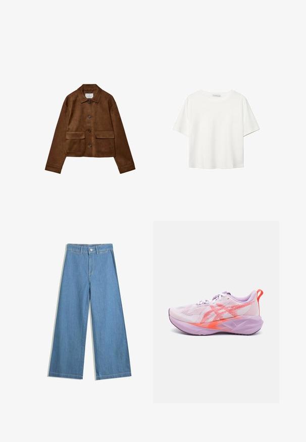 Hnědá sukně s límečkem, předním zapínáním na knoflíky a dvěma náprsními kapsami. Vlastnosti zahrnují dlouhé rukávy a zkrácenou délku.; Bílý krátký rukáv tričko vyrobené z bavlny. Má kulatý výstřih a volný střih. Hladký materiál bez viditelných vzorů nebo akcentů.; Světle modré široké džíny vyrobené z denimu, s uzávěrem na knoflík, poutky na pásek a jemnými detaily šití.; Lehké běžecké boty v pastelově růžové a levandulové barvě s prodyšnou síťovinou, texturovanými akcenty a polstrovanou podrážkou pro podporu.