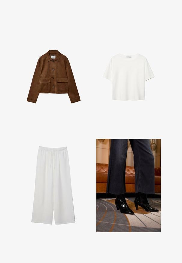 Veste en suede marron avec un design à col, fermeture à boutons sur le devant et deux poches poitrine. Dispose de manches longues et d'une longueur courte.; T-shirt blanc à manches courtes en coton. Doté d'un col ras du cou et d'une coupe décontractée. Texture lisse sans motifs ni accents visibles.; Pantalons larges blancs en tissu léger, avec une taille élastique et un cordon de serrage pour un ajustement réglable. Texture lisse.; Bottines noires à bout pointu avec une finition texturée portées sous un pantalon large noir à ourlet effiloché sur un tapis à motifs.
