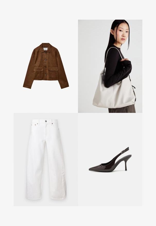 Bruine suède jas met een kraagontwerp, sluiting met knopen aan de voorkant en twee borstzakken. Heeft lange mouwen en een cropped lengte.; Witte korte mouwen t-shirt van katoen. Heeft een ronde halslijn en een ontspannen pasvorm. Glad textuur zonder zichtbare patronen of accenten.; Witte wijde jeans van katoenen denim. Voorzien van een knoop- en ritssluiting, voorkruiszakken en subtiele stiksels langs de naden.; Slingback hoge hak schoen in glanzend donkerbruin patentleer, puntige neus, open zijkanten en verstelbare enkelband.; Beige handtas gemaakt van zacht materiaal, met een slonzig ontwerp, gestikte details en twee schouderbanden. Geschikt voor dagelijks gebruik.