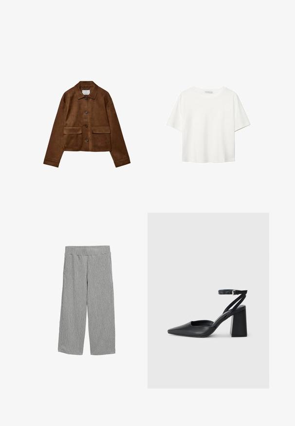 Braune Wildlederjacke mit Kragen, vorderem Knopfverschluss und zwei Brusttaschen. Verfügt über lange Ärmel und einen verkürzten Schnitt.; Weißes T-Shirt mit kurzen Ärmeln aus Baumwolle. Hat einen Rundhalsausschnitt und eine lockere Passform. Glatte Textur ohne sichtbare Muster oder Akzente.; Leichte, graue Hose mit vertikalem Streifenmuster, weitem Schnitt, elastischem Bund und ohne sichtbare Taschen.; Schwarze Leder-Pumps mit spitzer Zehe, einem Knöchelriemen und einem blockigen Absatz. Flache Textur, elegantes Design und minimalistische Ästhetik.