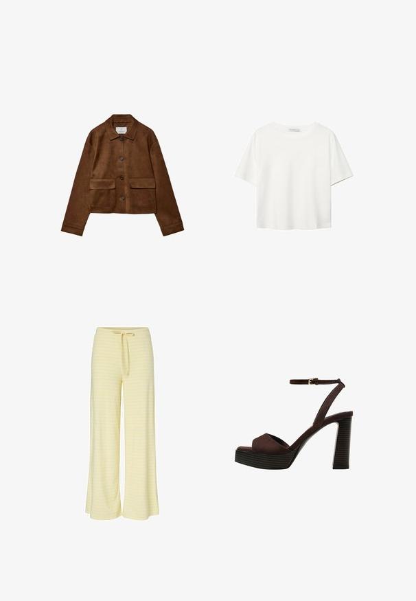 Smeđa suđena jakna s dizajnom na ovratniku, prednjim zatvaranjem na gumbe i dva džepa na grudima. Ima duge rukave i skraćenu dužinu.; Bijela majica kratkih rukava od pamuka. Ima okrugli izrez i opušteni kroj. Glatka tekstura bez vidljivih uzoraka ili naglasaka.; Svijetložute hlače širokih nogavica s bijelim horizontalnim prugama, s vezanjem u struku i mekanom tkaninom za udobnost.; Smeđe zamšaste sandale s visokim potpeticama, otvorenim prstima, podesivom trakicom oko gležnja i prugastom platformom.