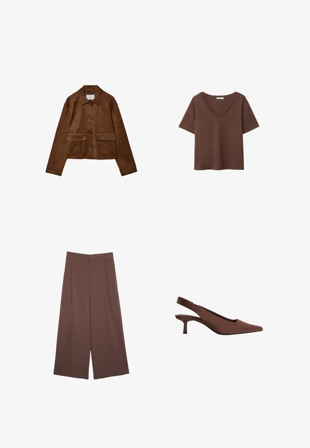 Giacca in suede marrone con design a colletto, chiusura frontale con bottoni e due tasche sul petto. Presenta maniche lunghe e un lunghezza corta.; T-shirt in cotone marrone con maniche corte e scollo a V profondo. Design semplice, texture morbida e orlo dritto. Senza fantasie o dettagli.; Pantaloni ampi marroni con una texture liscia, caratterizzati da una vita alta e pieghe frontali. Il tessuto è leggero e scorre liberamente.; Scarpa con tacco a sacca marrone con punta affusolata, texture liscia, tacco slanciato di altezza media e design minimalista.