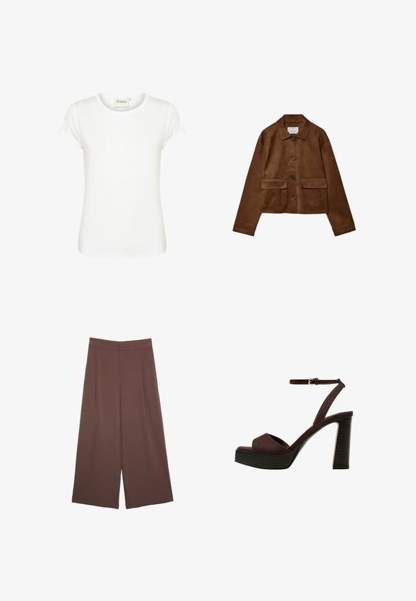 Rjava nubuk jakna s ovratnikom, sprednjim gumbom in dvema žepoma na prsih. Ima dolge rokave in skrajšano dolžino.; Bela kratka majica s kratkimi rokavi in okroglim izrezom, izdelana iz mehkega bombažnega materiala. Ima gladko teksturo in minimalistični dizajn.; Rjave široke hlače z gladko teksturo, ki imajo visok pas in sprednje naborke. Tkanina je lahka in prosto pada.; Rjave semiš sandale z visoko peto, odprto spredaj, z nastavljivim gležnjenjem in črtastim podplatom.