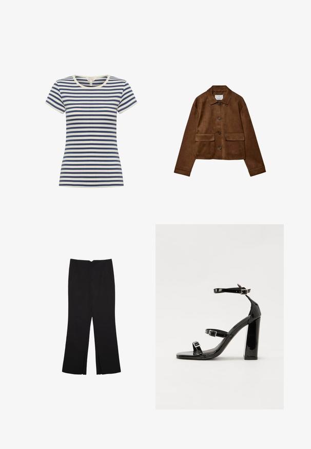 Rjava nubuk jakna s ovratnikom, sprednjim gumbom in dvema žepoma na prsih. Ima dolge rokave in skrajšano dolžino.; Prušasta majica v mornarsko modri in krem barvi, kratki rokavi, okrogla izreza, narejena iz mehkega materiala s prilegajočo obliko in kontrastnimi črtami.; Črne hlače ravnega kroja z naglavnimi žepi in stranskimi razporki na robu. Narejene iz mehke, gladke tkanine. Primerne za različne priložnosti.; Črne lakirane sandale s peto, kvadratnim prstom, trakovi okrog gležnja in srebrnimi zaponkami. Opremljene so s stabilno Debelo peto.