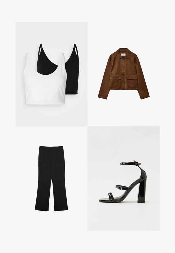 Hnedá semišová bunda s golierom, predným zapínaním na gombíky a dvoma vreckami na prsiach. Má dlhé rukávy a skrátenú dĺžku.; Dve bavlnené crop tops v bielej a čiernej farbe. Každý má hlboký výstrih a tenké ramienka, s hladkou, jemnou textúrou.; Čierne nohavice so strihom rovného strihu, s prednými vreckami a bočnými rozparkami na leme. Vyrobené z mäkkej, hladkej tkaniny. Vhodné na rôzne príležitosti.; Čierne lakované sandále na podpätku so štvorcovou špičkou, navlečenými remienkami okolo členku a striebornými prackami. Disponujú masívnym blokovým podpätkom pre stabilitu.
