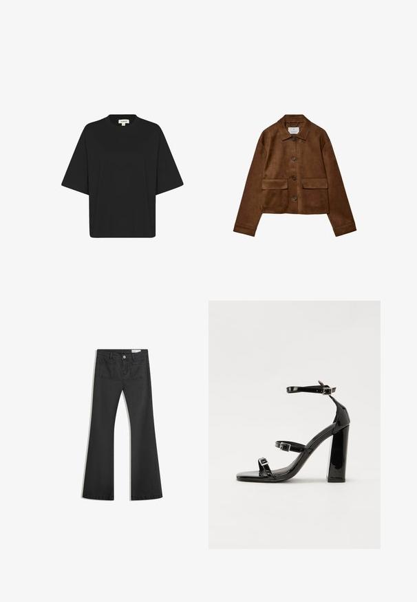 Brązowa skórzana kurtka z kołnierzykiem, z przodu zapinana na guziki i z dwiema kieszeniami na piersi. Posiada długie rękawy i krótki krój.; Czarny, oversize t-shirt z miękkiego materiału, z okrągłym dekoltem i krótkimi szerokimi rękawami. Prosty design bez wzorów czy akcentów.; Czarne dżinsy w fasonie z dzwonami, wykonane z denimu o gładkiej teksturze, z dwiema tylnymi kieszeniami i zapięciem na guzik w talii.; Czarne lakierowane sandały na obcasie z kwadratowym noskiem, z paskami wokół kostki i srebrnymi klamrami. Posiadają masywny słupek dla stabilności.