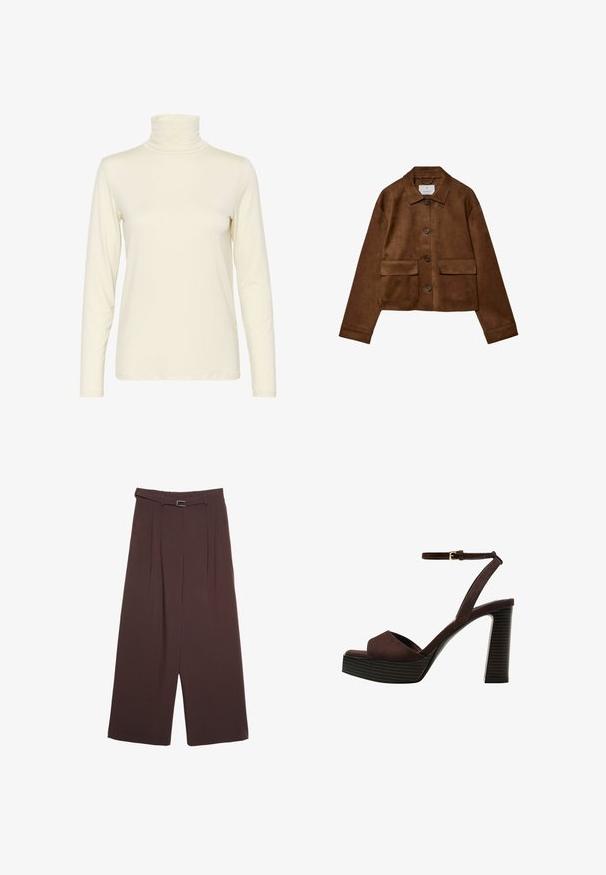 Bruine suède jas met een kraagontwerp, sluiting met knopen aan de voorkant en twee borstzakken. Heeft lange mouwen en een cropped lengte.; Langdurige mouwloze turtleneck top in off-white, gemaakt van zachte, rekbare stof. Strak ontwerp met een gladde textuur en minimale stikdetails.; Stradivarius WIDE-LEG WITH BUCKLE DETAIL - Broek - dark brown; Bruine suède high-heeled sandaal met een open teen, verstelbare enkelband en een gestreepte plateauzool.