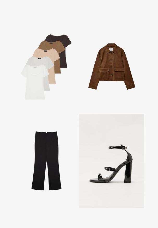 Hnedá semišová bunda s golierom, predným zapínaním na gombíky a dvoma vreckami na prsiach. Má dlhé rukávy a skrátenú dĺžku.; Súprava piatich krátkych rukávov tričiek v rôznych farbách: biela, svetlo šedá, béžová, hnedá a tmavohnedá. Každé má dizajn s výstrihom.; Čierne nohavice so strihom rovného strihu, s prednými vreckami a bočnými rozparkami na leme. Vyrobené z mäkkej, hladkej tkaniny. Vhodné na rôzne príležitosti.; Čierne lakované sandále na podpätku so štvorcovou špičkou, navlečenými remienkami okolo členku a striebornými prackami. Disponujú masívnym blokovým podpätkom pre stabilitu.