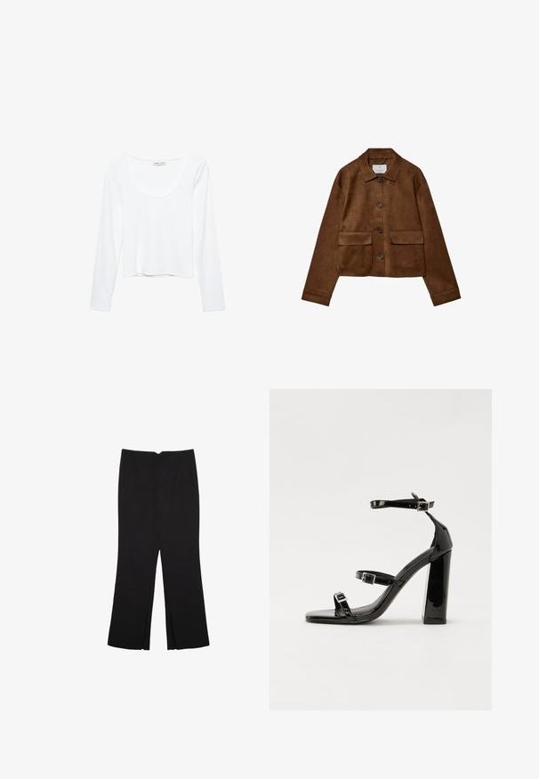 Hnedá semišová bunda s golierom, predným zapínaním na gombíky a dvoma vreckami na prsiach. Má dlhé rukávy a skrátenú dĺžku.; Biely dlhý rukáv top vyrobený z mäkkého materiálu, so zaobleným výstrihom a skráteným strihom s bezšvovými okrajmi.; Čierne nohavice so strihom rovného strihu, s prednými vreckami a bočnými rozparkami na leme. Vyrobené z mäkkej, hladkej tkaniny. Vhodné na rôzne príležitosti.; Čierne lakované sandále na podpätku so štvorcovou špičkou, navlečenými remienkami okolo členku a striebornými prackami. Disponujú masívnym blokovým podpätkom pre stabilitu.