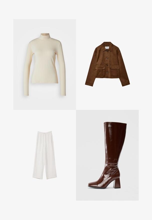 Brown suede jacket with a collared design, front button closure, and two chest pockets. Features long sleeves and a cropped length.; Cream-colored long-sleeve turtleneck top made of smooth, stretchy fabric; fitted design with a high neck and no visible patterns or accents.; White wide-leg trousers made from a lightweight fabric. Features an elastic waistband with a drawstring and side pockets. Smooth texture.; Knee-high brown patent leather boots with a square toe, glossy finish, and a chunky heel for stability. Seamless design with no visible hardware.