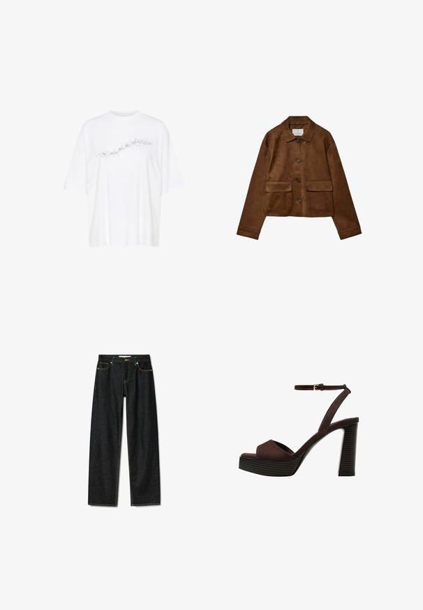 Brązowa skórzana kurtka z kołnierzykiem, z przodu zapinana na guziki i z dwiema kieszeniami na piersi. Posiada długie rękawy i krótki krój.; Biała koszulka wykonana z bawełny, z ozdobnym czarnym wzorem drobnych plamek na przodzie, z krótkimi rękawami i luźnym krojem.; Ciemnogranatowe dżinsy o prostym kroju, z zamkiem na mosiężny guzik i kontrastującym żółtym przeszyciem. Posiadają pięć kieszeni i klasyczny krój.; Brązowe zamszowe sandały na wysokim obcasie z odkrytymi palcami, regulowanym paskiem na kostce i paskowatą podeszwą.