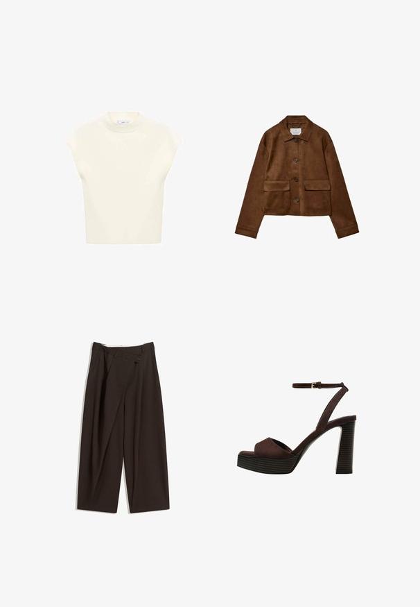 Smeđa suđena jakna s dizajnom na ovratniku, prednjim zatvaranjem na gumbe i dva džepa na grudima. Ima duge rukave i skraćenu dužinu.; Majica kratkih rukava, svijetle krem boje s okruglim izrezom, izrađena od mekanog materijala. Ima opušteni kroj i glatku teksturu, prikladna za nošenje u slojevima.; Tamno smeđe široke hlače s visokim strukom, s jednim dugmadi na zakopčavanju i pregibom sprijeda. Izrađene od laganog materijala.; Smeđe zamšaste sandale s visokim potpeticama, otvorenim prstima, podesivom trakicom oko gležnja i prugastom platformom.
