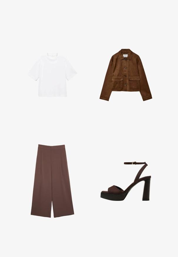 Rjava nubuk jakna s ovratnikom, sprednjim gumbom in dvema žepoma na prsih. Ima dolge rokave in skrajšano dolžino.; Bela bombažna majica s kratkimi rokavi in okroglo ovratnikom. Preprost dizajn, ohlapen kroj, gladka tekstura. Brez vzorcev ali vidnih poudarkov.; Rjave široke hlače z gladko teksturo, ki imajo visok pas in sprednje naborke. Tkanina je lahka in prosto pada.; Rjave semiš sandale z visoko peto, odprto spredaj, z nastavljivim gležnjenjem in črtastim podplatom.
