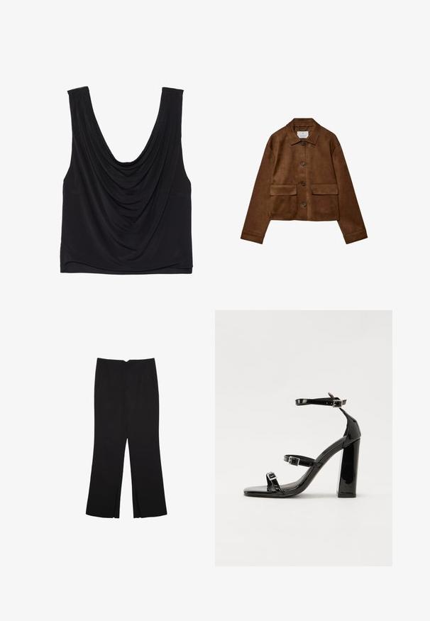 Braune Wildlederjacke mit Kragen, vorderem Knopfverschluss und zwei Brusttaschen. Verfügt über lange Ärmel und einen verkürzten Schnitt.; Schwarzes ärmelloses Oberteil mit tiefem Rundhalsausschnitt und drapierten Details. Hergestellt aus weichem, dehnbarem Stoff mit glatter Textur. Keine sichtbaren Beschläge.; Schwarze Hose mit geradem Schnitt, ausgestattet mit Fronttaschen und Seitenschlitzen am Saum. Hergestellt aus weichem, glattem Stoff. Geeignet für verschiedene Anlässe.; Schwarze patentierte Sandalen mit Absatz, quadratischer Spitze, Knöchelriemen und silbernen Schnallen. Mit einem stabilen Blockabsatz für mehr Stabilität.