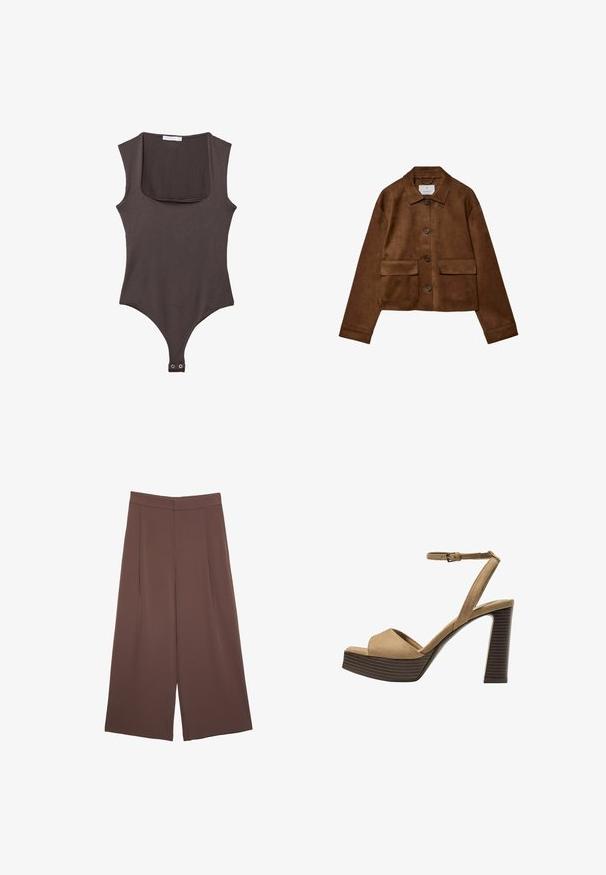 Smeđa suđena jakna s dizajnom na ovratniku, prednjim zatvaranjem na gumbe i dva džepa na grudima. Ima duge rukave i skraćenu dužinu.; Smeđi bodi bez rukava s kvadratnim izrezom, izrađen od mekog materijala. Ima kopču na dnu i prilagođeni siluetu.; Smeđe hlače širokog kroja s glatkom teksturom, koje imaju visok struk i nabore sprijeda. Tkanina je lagana i slobodno se kreće.; Beige suedirane sandale s visokim potpeticama, širokom prednjom trakom i trakicom oko gležnja, s debelom drvenom blok-potpeticom s teksturiranim završetkom.