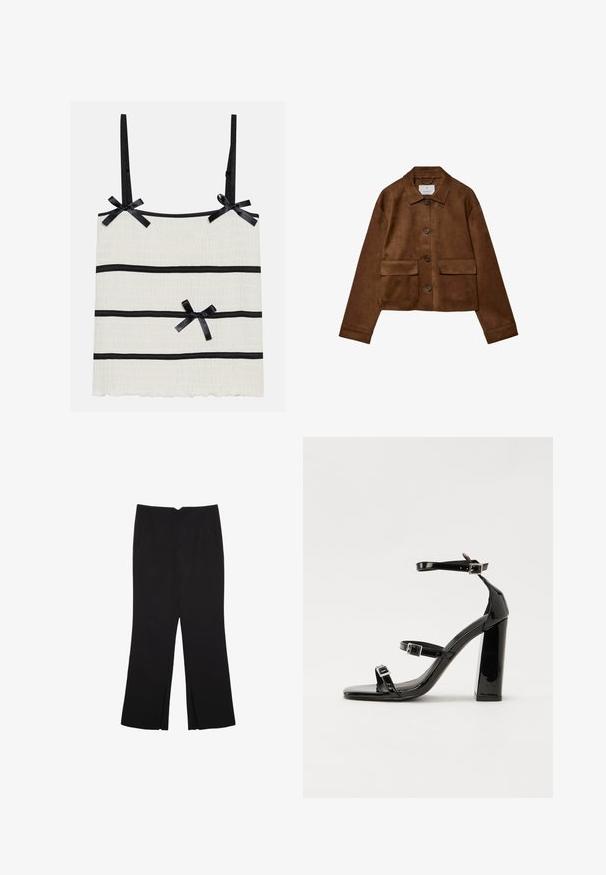 Hnedá semišová bunda s golierom, predným zapínaním na gombíky a dvoma vreckami na prsiach. Má dlhé rukávy a skrátenú dĺžku.; Svetlo krémový top na ramienkach s tenkými čiernymi popruhmi, s čiernymi horizontálnymi pruhmi a malými mašličkami. Textúrovaná tkanina s vlnkovaným spodným okrajom.; Čierne nohavice so strihom rovného strihu, s prednými vreckami a bočnými rozparkami na leme. Vyrobené z mäkkej, hladkej tkaniny. Vhodné na rôzne príležitosti.; Čierne lakované sandále na podpätku so štvorcovou špičkou, navlečenými remienkami okolo členku a striebornými prackami. Disponujú masívnym blokovým podpätkom pre stabilitu.