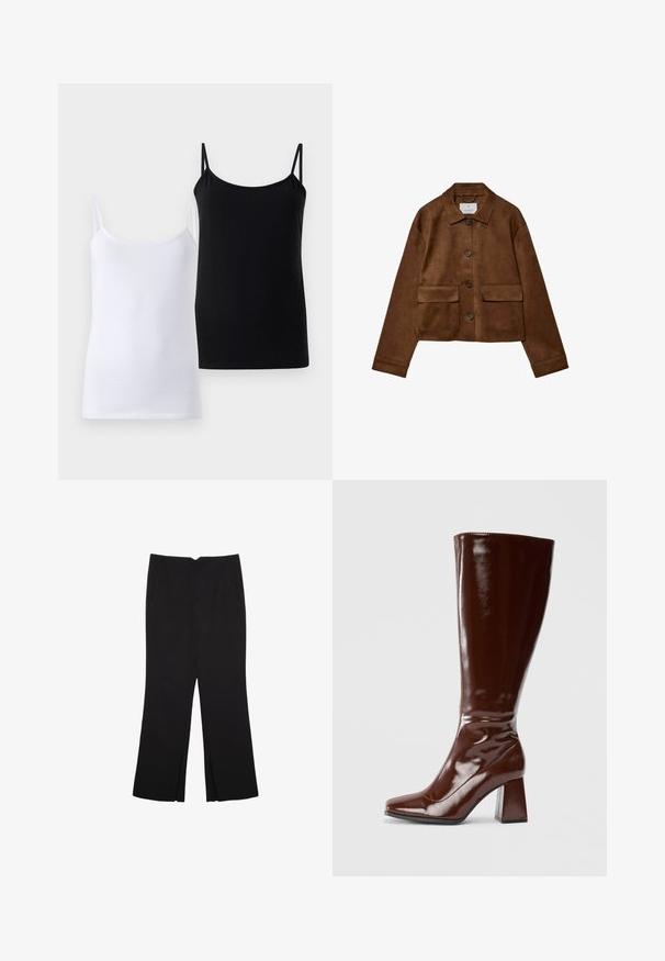 Brown suede jacket with a collared design, front button closure, and two chest pockets. Features long sleeves and a cropped length.; Two tank tops, one white and one black, made of soft cotton. Each features thin straps and a simple, smooth design.; Black trousers with a straight fit, featuring front pockets and side slits at the hem. Made of soft, smooth fabric. Suitable for various occasions.; Knee-high brown patent leather boots with a square toe, glossy finish, and a chunky heel for stability. Seamless design with no visible hardware.