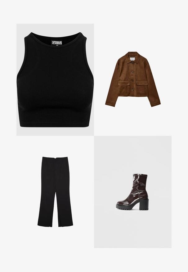 Brun mockakragsjacka med krage, knappknäppning fram och två bröstfickor. Har långa ärmar och en kortad längd.; Svart ribbad croptop med rund halsringning och ärmlös design. Tillverkad av ett elastiskt, texturerat tyg. Märket heter "Urban Classics."; Svarta byxor med rak passform, utrustade med framfickor och sidoklyvningar vid fållen. Tillverkade av mjukt, slätt tyg. Lämpliga för olika tillfällen.; Glansig bordeauxfärgad ankelsko med en kraftig svart klack, som har en slät yta och enkel design. Inga synliga stängningar eller mönster.