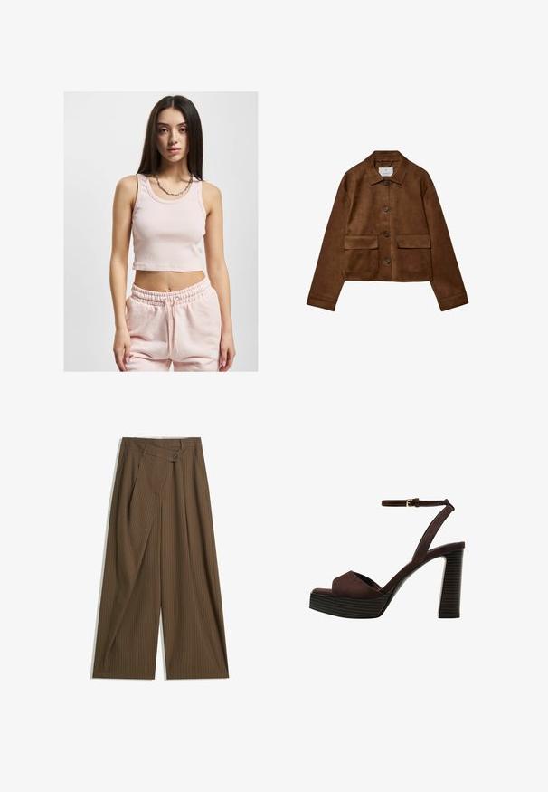 Brown suede jacket with a collared design, front button closure, and two chest pockets. Features long sleeves and a cropped length.; Light pink cropped tank top with ribbed texture, wide shoulder straps, and a round neckline, paired with matching sweatpants.; Brown wide-leg trousers with thin white pinstripes, high waist, front button closure, and wrap-style overlay panel.; Brown suede high-heeled sandal with an open toe, adjustable ankle strap, and a striped platform sole.