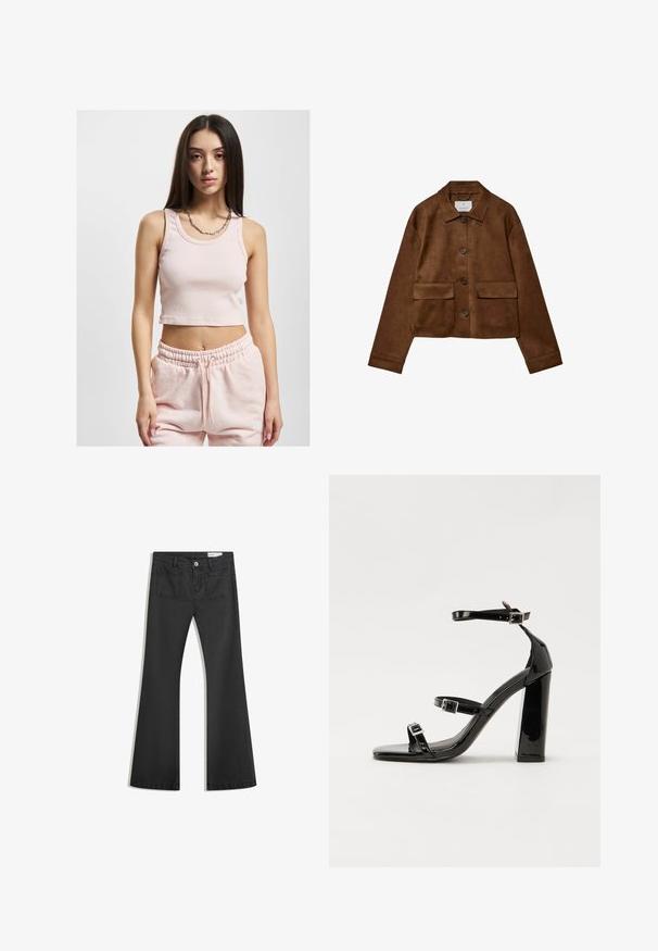 Smeđa suđena jakna s dizajnom na ovratniku, prednjim zatvaranjem na gumbe i dva džepa na grudima. Ima duge rukave i skraćenu dužinu.; Svijetlo ružičasti skraćeni top s rebrastom teksturom, širokim naramenicama i okruglim izrezom, u kombinaciji s matching trenirkama.; Crne široke traperice od denima s glatkom teksturom, s dva stražnja džepa i kopčanjem na dugme u struku.; Crne lakirane sandale na pete sa kvadratnim nosom, trakama oko gležnja i srebrnim kopčama. Imaju čvrst blok petu za stabilnost.