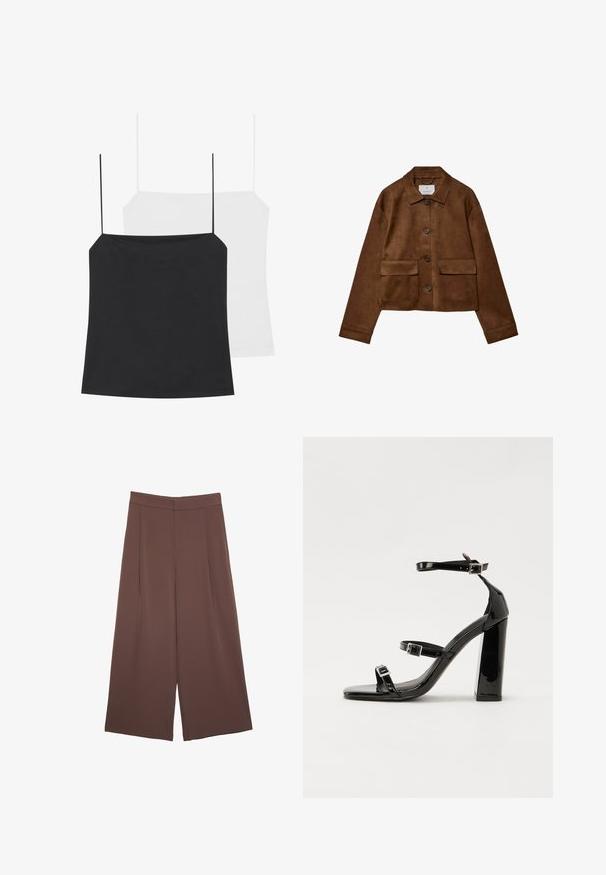 Braune Wildlederjacke mit Kragen, vorderem Knopfverschluss und zwei Brusttaschen. Verfügt über lange Ärmel und einen verkürzten Schnitt.; Es sind zwei Spaghettiträgershirts zu sehen: eines in Schwarz und eines in Weiß. Beide haben dünne Träger und ein figurbetontes Design, gefertigt aus einem glatten, dehnbaren Stoff.; Braune Weite-Leg-Hosen mit einer glatten Textur, hoher Taille und Vorderfalten. Der Stoff ist leicht und fällt locker.; Schwarze patentierte Sandalen mit Absatz, quadratischer Spitze, Knöchelriemen und silbernen Schnallen. Mit einem stabilen Blockabsatz für mehr Stabilität.