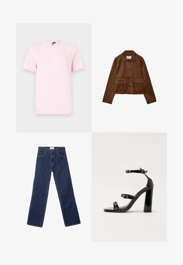 Rjava nubuk jakna s ovratnikom, sprednjim gumbom in dvema žepoma na prsih. Ima dolge rokave in skrajšano dolžino.; Svetlo roza majica s kratkimi rokavi, izdelana iz bombaža, z okroglo ovratnikom in preprosto, gladko teksturo brez vzorcev ali dodatkov.; Temno modri ravni jeans z sprednjimi žepi, zanke za pas in gumbnim zapiranjem.; Črne lakirane sandale s peto, kvadratnim prstom, trakovi okrog gležnja in srebrnimi zaponkami. Opremljene so s stabilno Debelo peto.
