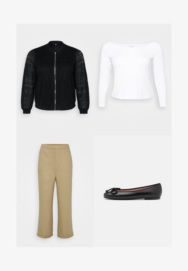 Chaqueta bomber negra con detalles de encaje, cierre de cremallera, puños y dobladillo acanalados, que presenta patrones intrincados en las mangas y el panel frontal.; Camisa blanca de manga larga con un escote amplio, hecha de un material suave y liso. Presenta un diseño ajustado y un dobladillo corto.; Pantalones de lino beige con corte recto, que presentan una cintura de altura media, costuras sutiles y piernas anchas recortadas. Textura suave, sin patrones visibles.; Bailarinas de cuero negro con punta redonda, presentan un lazo decorativo y una textura lisa. Diseño minimalista con una suela baja y plana.