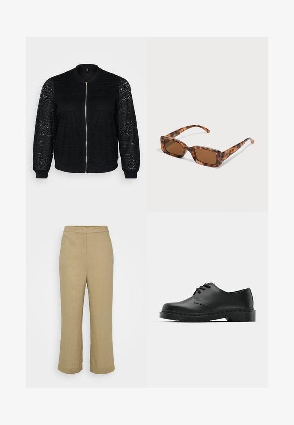 Schwarze Bomberjacke mit Spitzenverzierungen, Reißverschluss, gerippten Bündchen und Saum, mit intricaten Mustern auf den Ärmeln und der Vorderseite.; Langärmliges, geripptes Oberteil in Off-White mit rundem Ausschnitt. Bietet ein kleines Logo-Detail und eine taillierte Form für einen eleganten Look.; Beige Leinenhose mit geradem Schnitt, mittelhohem Bund, dezenten Nähten und weit geschnittenen, verkürzten Beinen. Glatte Textur, keine sichtbaren Muster.; Schwarze Leder-Oxford-Schuhe mit Schnürdesign, runder Zehenform, flacher Gummisohle und subtilen Nähten entlang des oberen Teils.; Schildpattsonnenbrille mit rechteckigen, braunen Gläsern, einem dicken Rahmen und schmalen Bügeln, die ein Muster aus verschiedenen Brauntönen aufweisen.