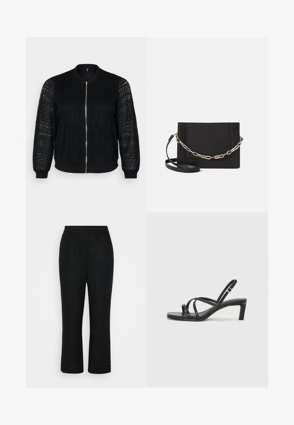 Black bomber jacket with lace detailing, zip closure, ribbed cuffs and hem, featuring intricate patterns on the sleeves and front panel.; Leopard print long-sleeve top with a high neckline, made of stretchy fabric. Features a tan base with brown spots. Smooth texture, fitted design.; Black linen trousers with a straight cut, mid-rise waistband, and cropped length, featuring a smooth texture and no visible fastenings.; Black strappy sandal with a square toe and a low block heel. Features multiple thin straps and an adjustable ankle strap. Made of smooth leather.; Black leather crossbody bag featuring a smooth texture, rectangular shape, and a metallic chain detail on the front. Adjustable strap included.; Silver hoop earring with a polished finish, featuring small gold accent details and a round shape, worn on the lobe.