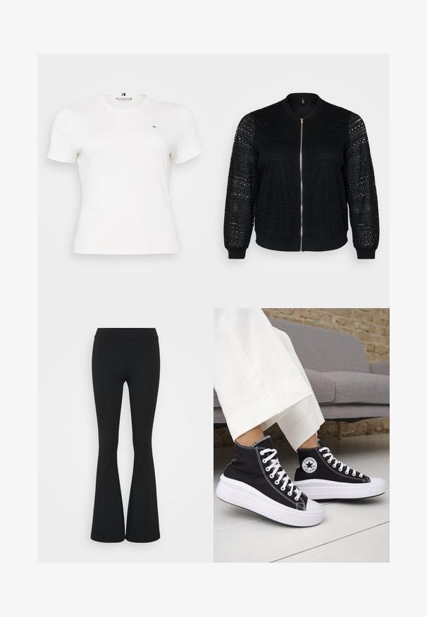 Sort bomberjakke med blonderdetaljer, lynlås, ribbet manchetter og kant, der har indviklede mønstre på ærmerne og frontpanelet.; Hvid kortærmet T-shirt lavet af bomuld. Har en rund udskæring og et lille logo på venstre bryst. Glat tekstur og tætsiddende design.; Sorte flagrende bukser lavet af strækbart stof, med en høj talje og en glat tekstur. Bukserne flared fra knæet.; Sorte sneakers med højt skaft, hvide gummisåler og snørebånd. Har en rund logo-patch og kontrasterende hvide syninger. Fremstillet af lærredsmateriale.